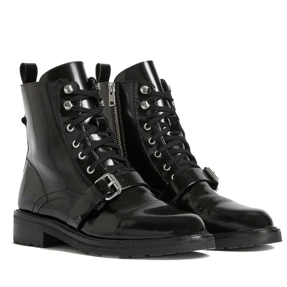 All Saints Donita Black Glossy Leather Lace Up Strappy Combat